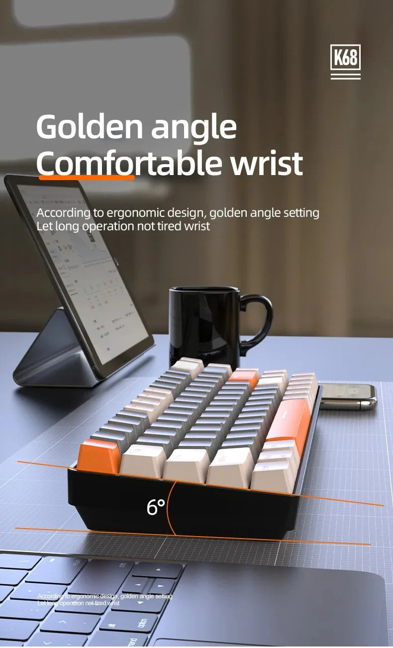 Tastiera Wolf – Tastiera per laptop da gioco K68 Bluetooth wireless a doppia modalità, design a blocchi di colore, intercambiabile a caldo