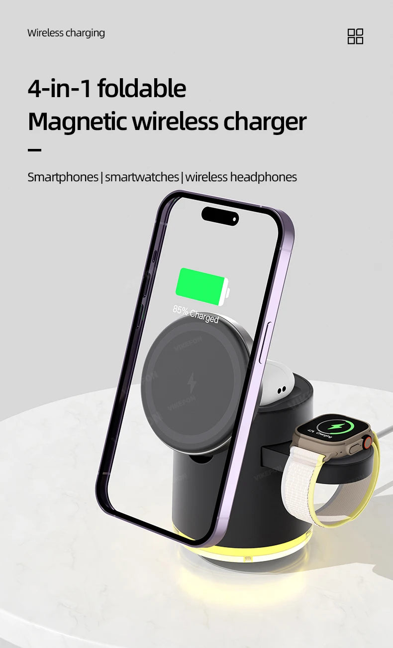 Wireless Charger Dock 4 in 1 Fast Charging Stand with Night Light, MagSafe iPhone 17/16/15/14 Pro Max, Apple Watch, and AirPods Pro 2–8
