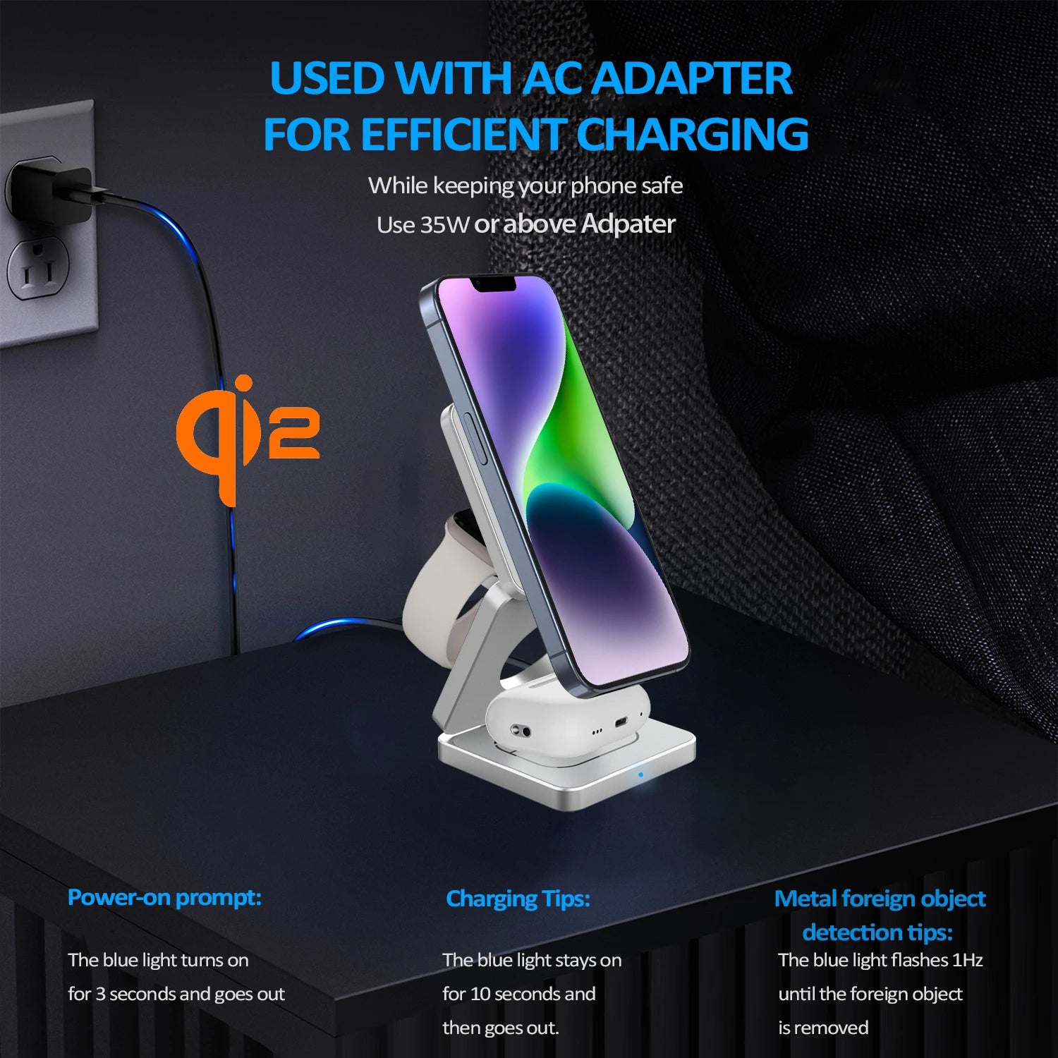 Stazione di ricarica magnetica – Dock di ricarica wireless veloce Qi2 3 in 1 da 15 W per iPhone 16/15/14/13, Apple Watch e AirPods, design pieghevole