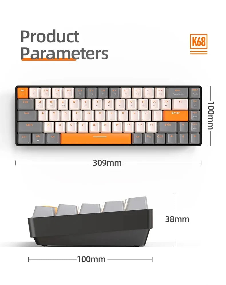 Tastiera Wolf – Tastiera per laptop da gioco K68 Bluetooth wireless a doppia modalità, design a blocchi di colore, intercambiabile a caldo