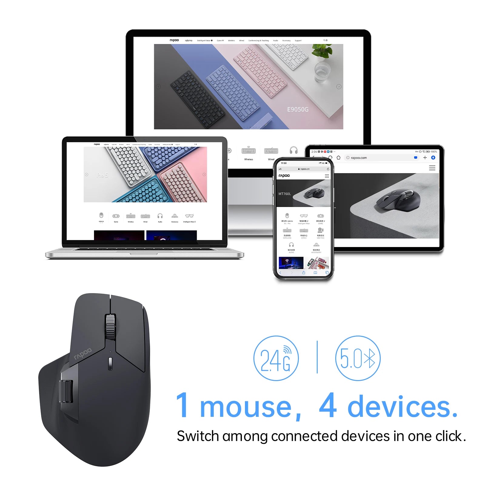 Mouse wireless ergonomico – Mouse ricaricabile multimodale Rapoo MT760L, 4000 DPI, supporta fino a 4 dispositivi tramite Bluetooth e 2.4G