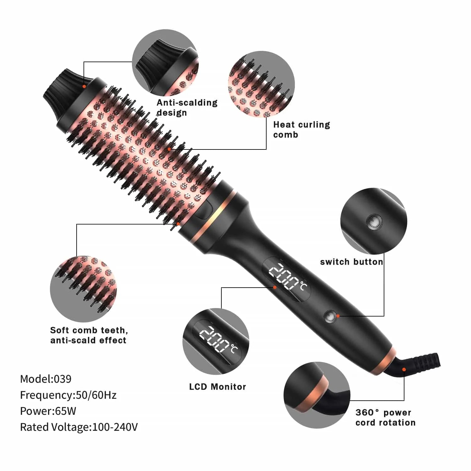 Arricciacapelli 3 in 1, spazzola lisciante, ferro arricciacapelli termico in ceramica, pettine volumizzante con doppio riscaldatore PTC, strumento professionale per lo styling riscaldato