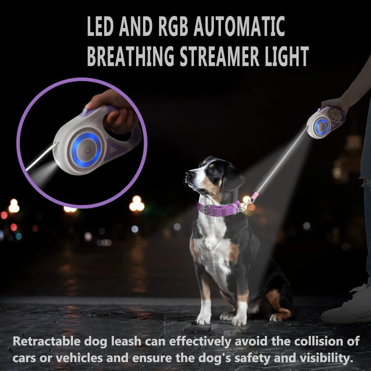 Guinzaglio retrattile per cani – Corda automatica da 3 m/5 m con torcia, impugnatura antiscivolo, rotazione a 360° anti-groviglio, blocco con un pulsante per passeggiate notturne