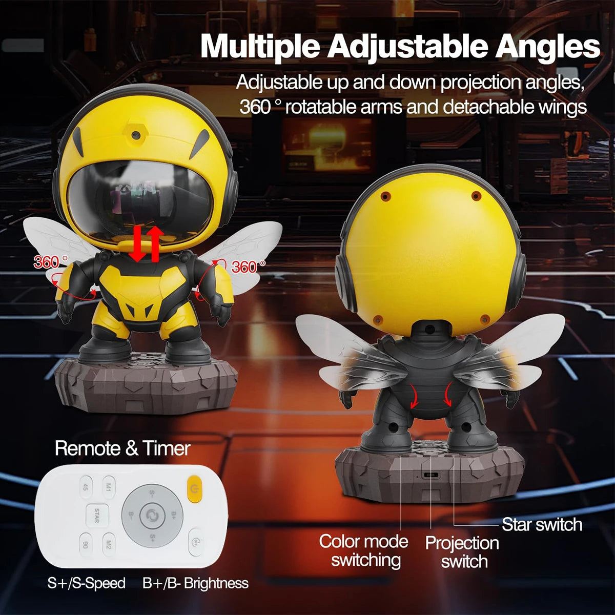 Bee Astronaut - Proiettore di stelle con effetti nebulosi, lampada da soffitto a LED per bambini con telecomando e timer