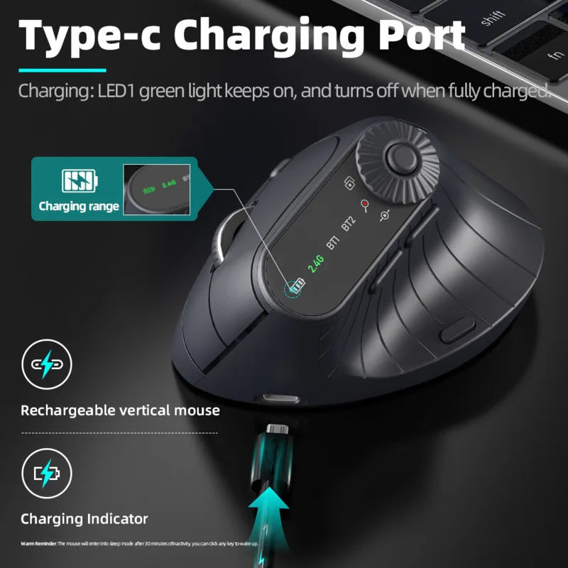 Ergonomic Mouse – Multi-Device Vertical Wireless Mouse with Adjustable Function Knob, Rechargeable, 2.4G & Bluetooth for PC and Tablet