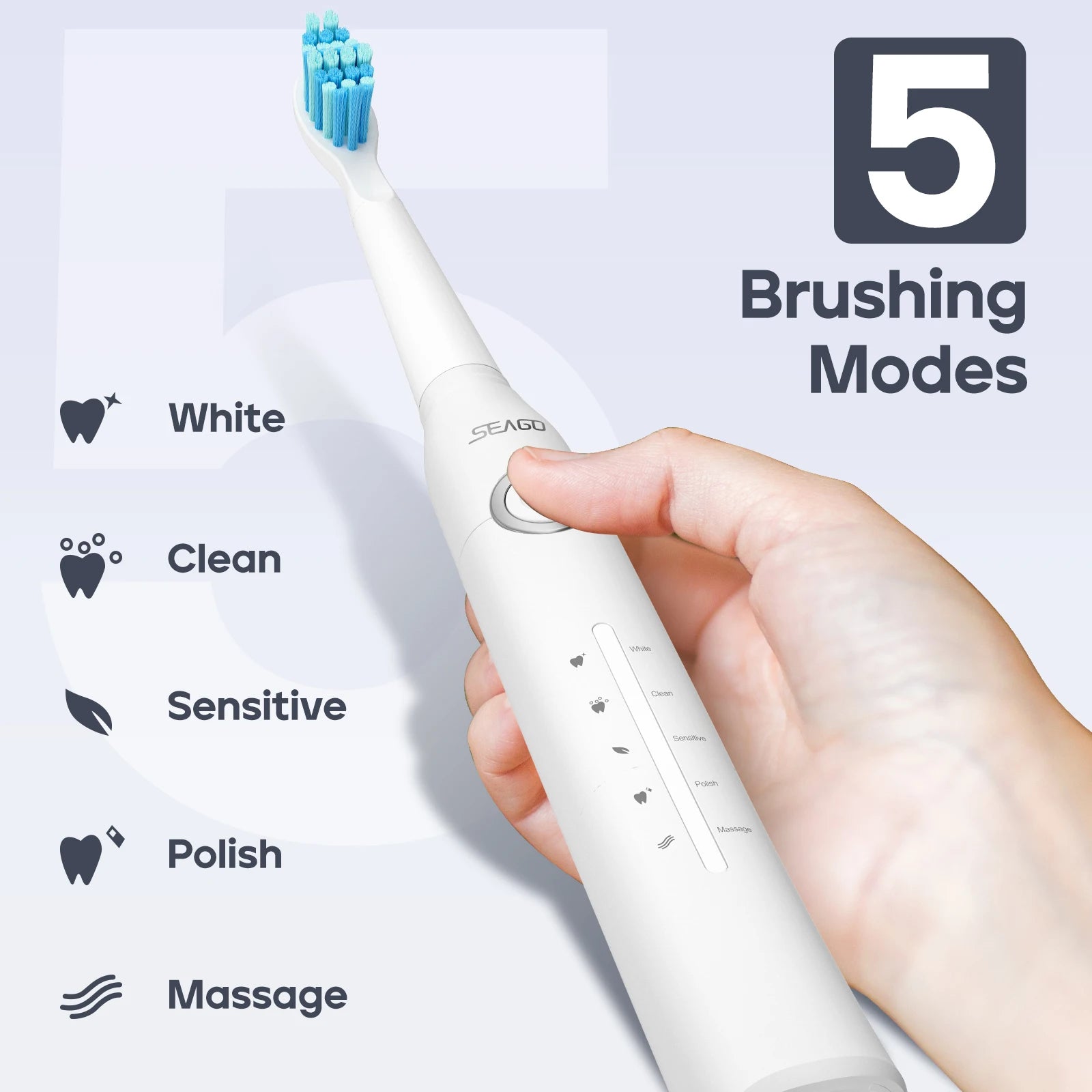 SEAGO Spazzolino Elettrico Sonico – 10 Testine di Ricambio, Ricaricabile tramite USB, Pulizia Profonda dei Denti