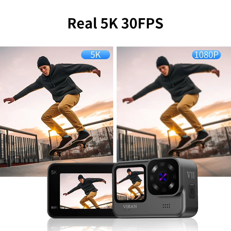 Action Cam VIRAN – Videocamera sportiva Wi-Fi 5K e 4K60FPS con stabilizzatore d'immagine, corpo impermeabile, telecomando, doppio schermo, registratore Pro Drive