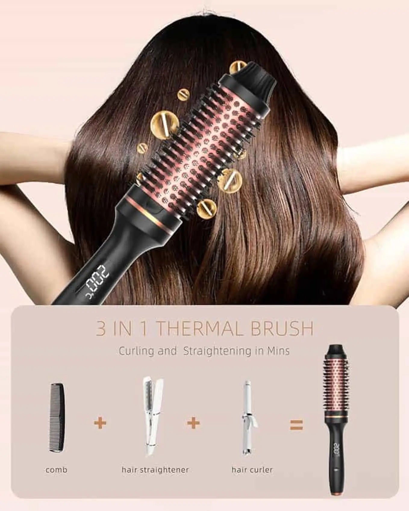 Arricciacapelli 3 in 1, spazzola lisciante, ferro arricciacapelli termico in ceramica, pettine volumizzante con doppio riscaldatore PTC, strumento professionale per lo styling riscaldato