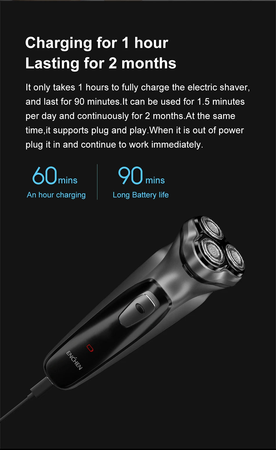 ENCHEN Rasoio Rotante - Rasoio Elettrico da Uomo Blackstone 3D con Lama Galleggiante | Regolabarba Ricaricabile USB-C e Lavabile