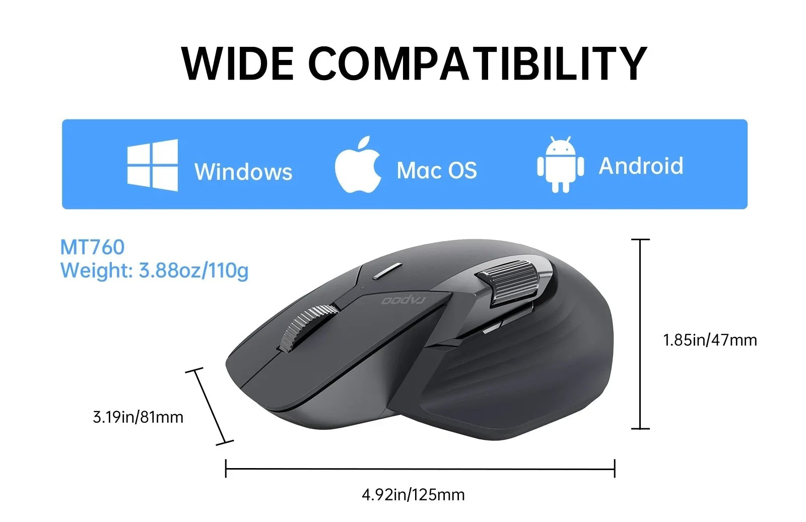Mouse wireless ergonomico – Mouse ricaricabile multimodale Rapoo MT760L, 4000 DPI, supporta fino a 4 dispositivi tramite Bluetooth e 2.4G